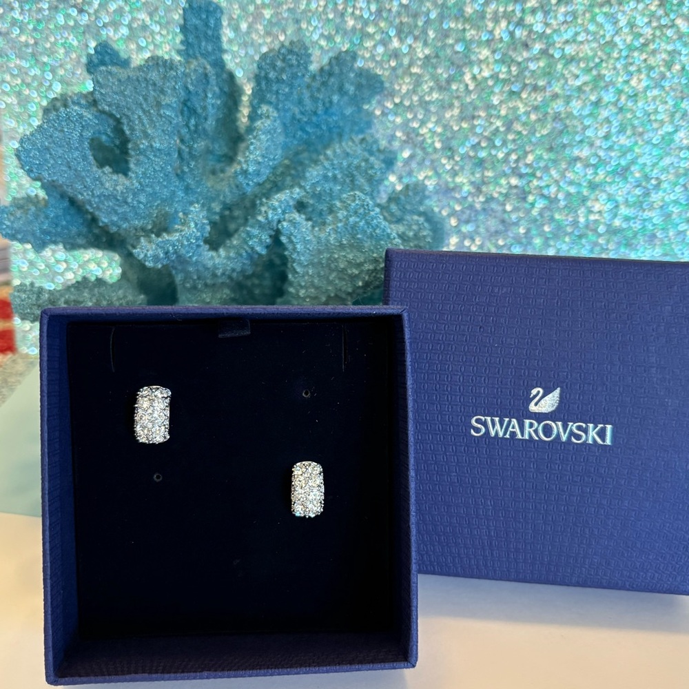 Authentic Stamped Swarovski Pave Clear Crystals Rhodium Plated Huggie Earrings